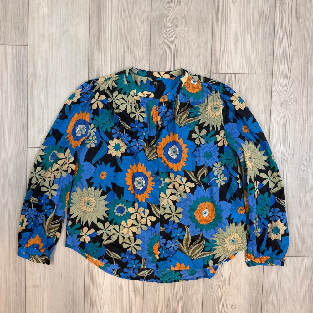 Rails Sonnet Azul Wildflower Floral Cotton Button Down Blouse Blue Orange Small